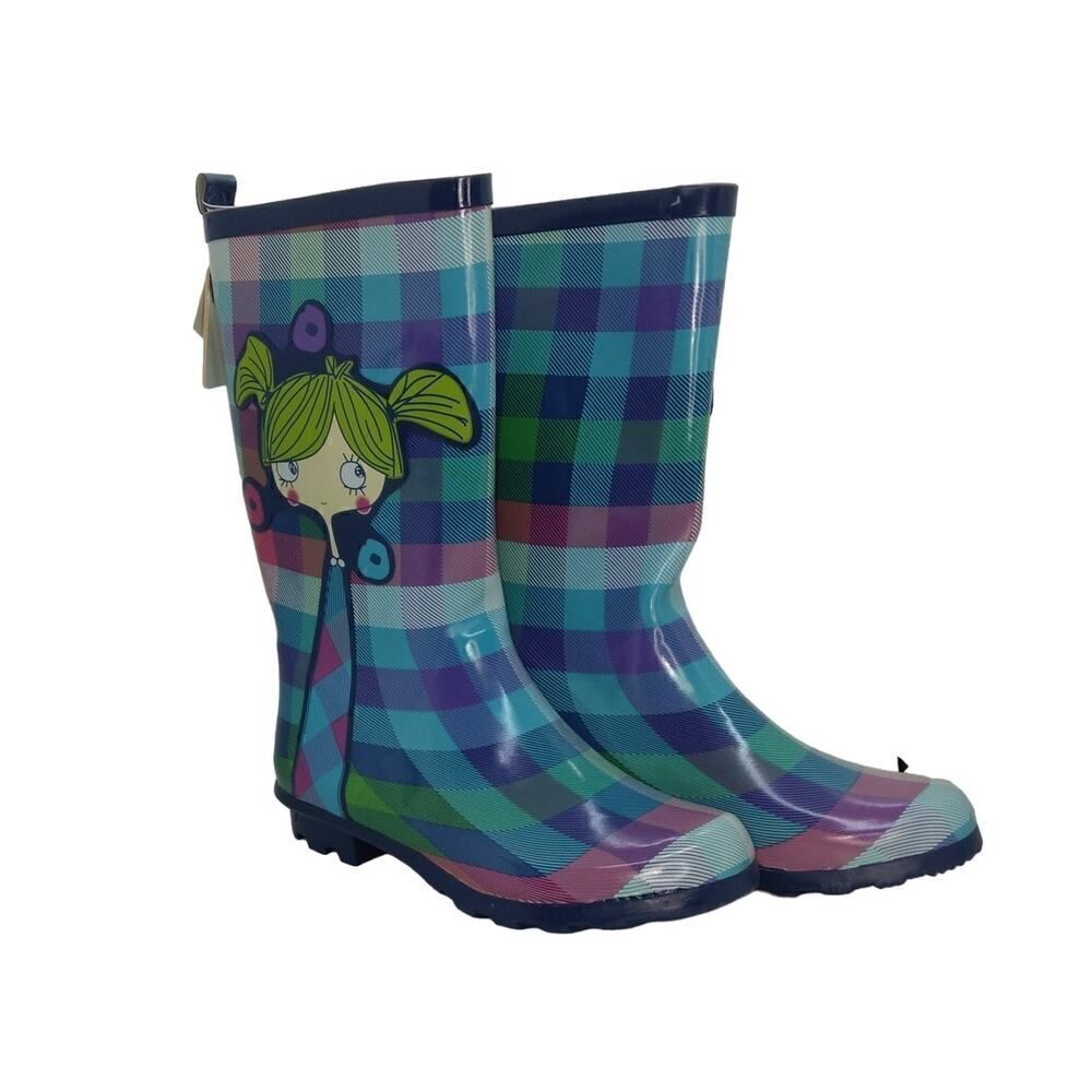 TucTuc Girls NEW Multicolor Blue/Green Plaid Rain Boots w/Graphics - sz. 2 1/2